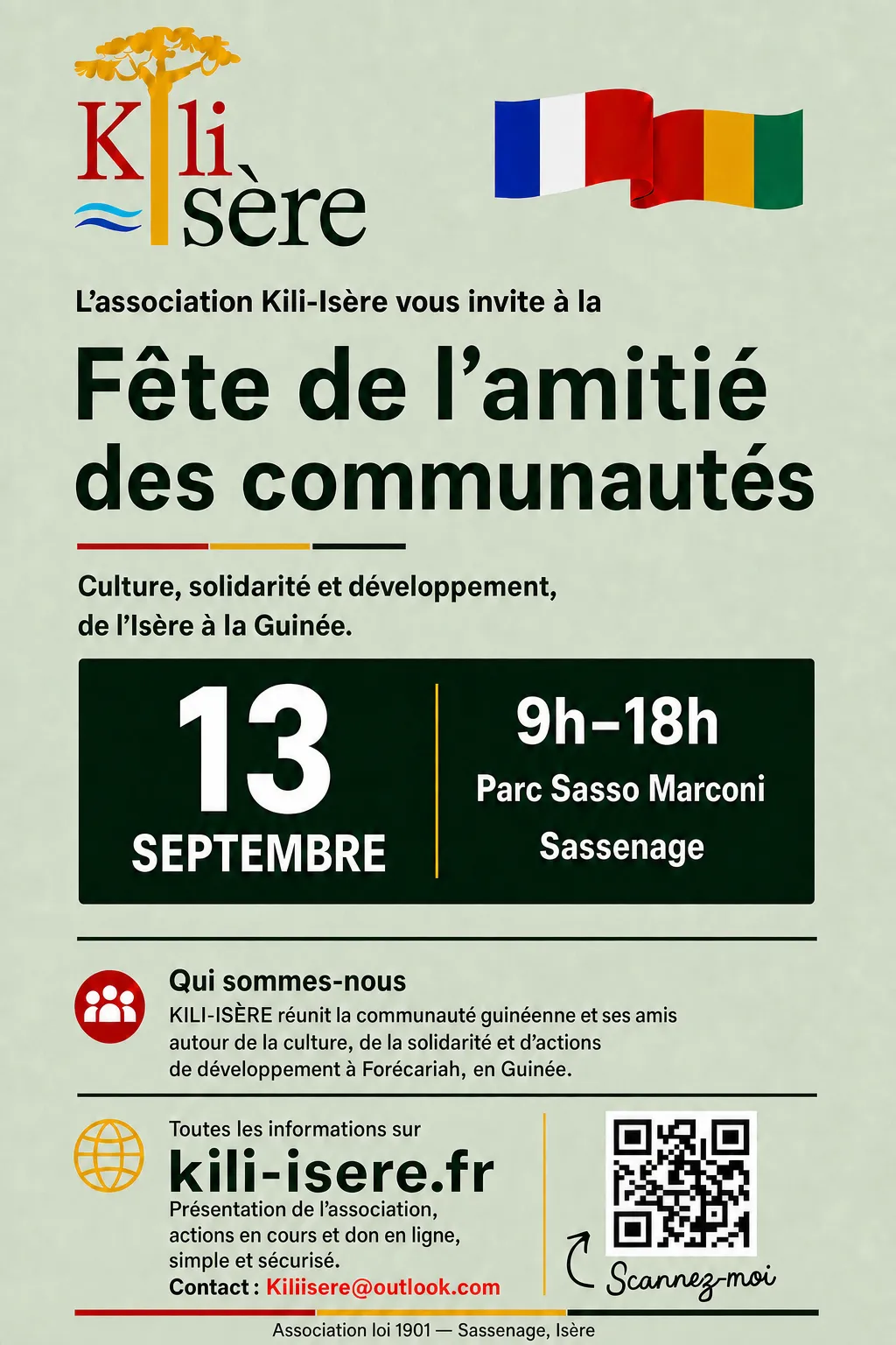 Affiche de la Fête de l’amitié des communautés organisée par Kili-Isère le 13 septembre 2026 au parc Sasso Marconi à Sassenage